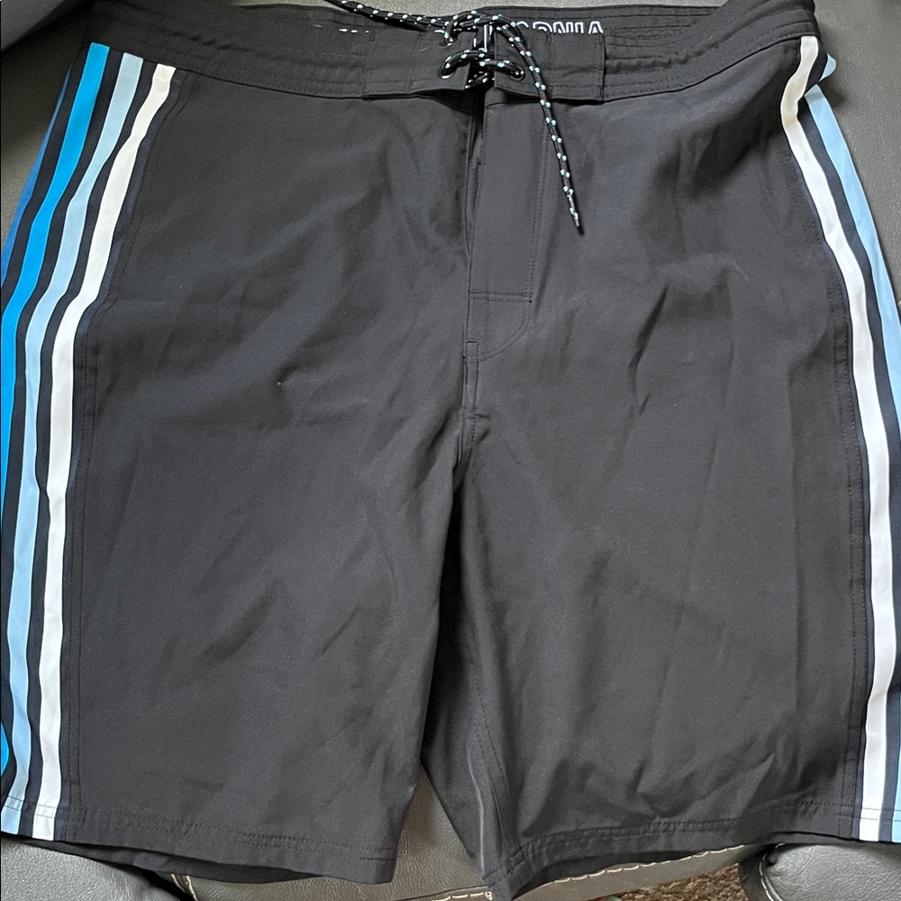 Old Navy Black Board Shorts with Blue and White Stripes